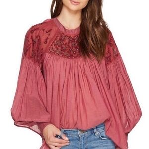 Free People Rose Mauve Embroidered Peasant Blouse